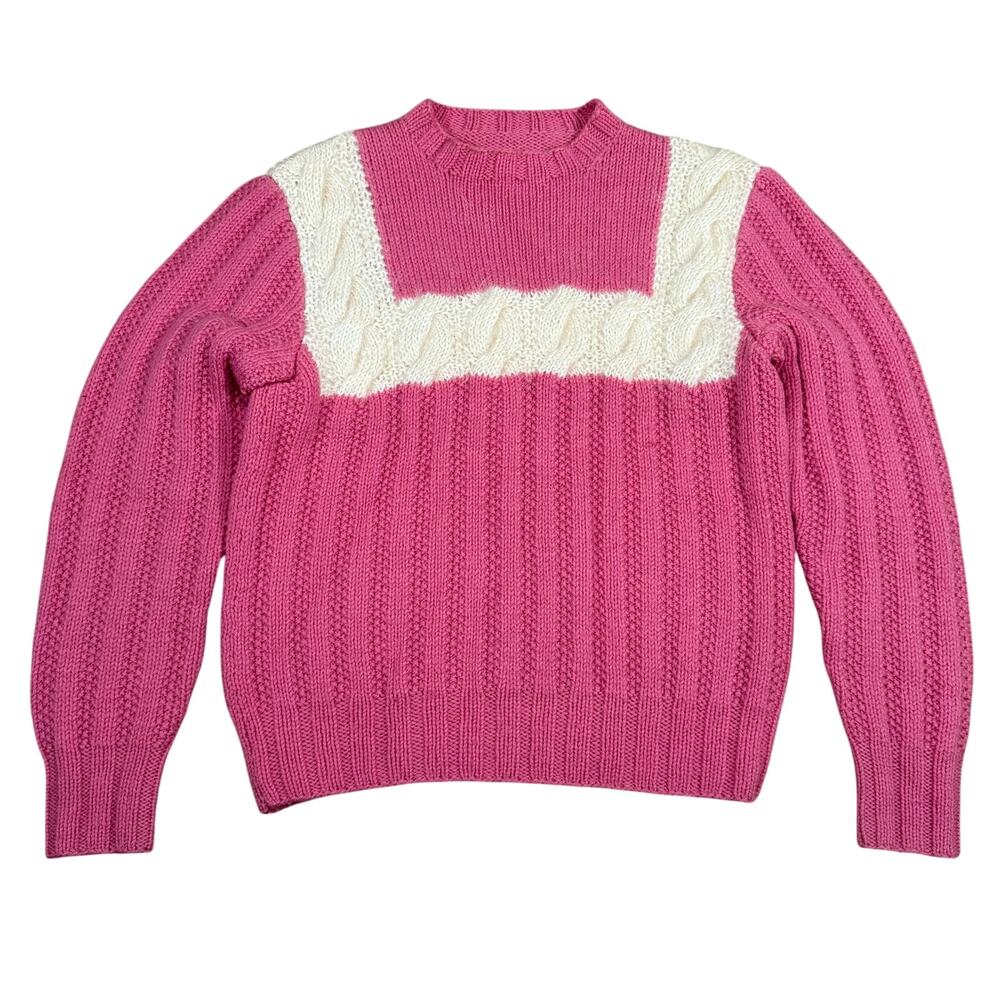 Vintage Pink Cable Knit Sweater Women’s M Chunky Pullover 80s 90s Colorblock